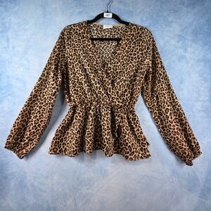 Everly Leopard Print Peplum Blouse Womens Medium Brown Animal Wrap Top